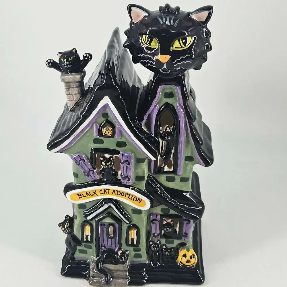 Blue Sky Clayworks Black Cat Adoption House Halloween Luminary votive holder